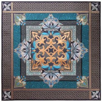 elaborate quilt in browns and blues