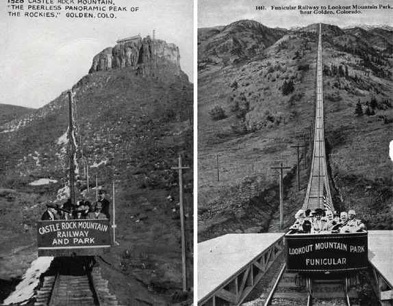 2 images of funicular railways: one says Castle Rock Mountain Railway and Park, other says Lookout Mountain Park Funicular