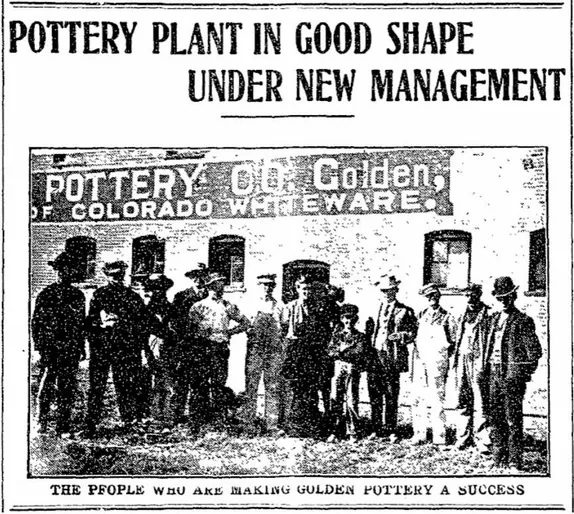 Blurry photo of men in front of brick building that says POTTERY CO. Golden, OF COLORADO WHITEWARE"