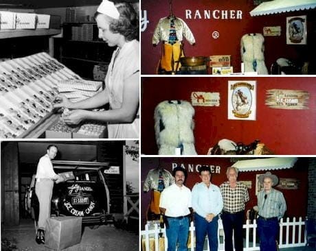 collage including black and white photos of Dorothy and Bob Harmsen and three small views of a museum exhibit of Jolly Rancher artifacts