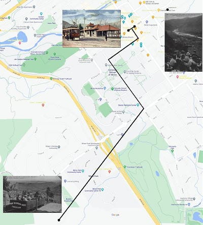 Map of Golden showing the locations of the downtown depot, Castle Rock Railway, and Lookout Mountain Funicular.  Also shows the route for the proposed railway extension.