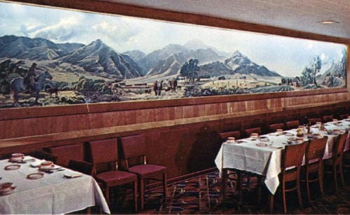 postcard showing the Shelton mural hanging in the Holland House dining room