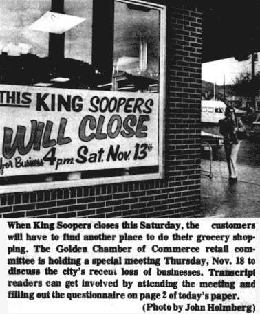 Large sign announcing the closure of King Soopers at 19th and Jackson