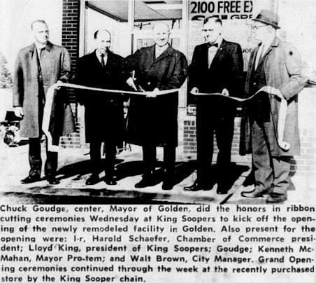 several men cutting a ribbon at the grand opening of King Supers at 19th and Jackson Streets