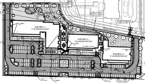 Drawing showing how buildings, parking, and landscaping are apportioned on the property