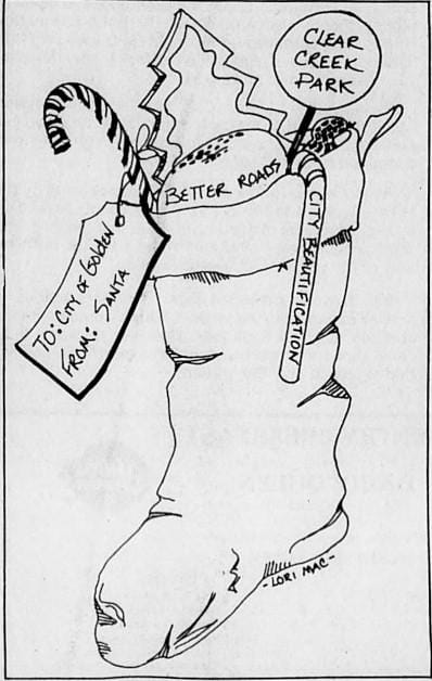 cartoon showing Christmas stocking containing a sign saying "Clear Creek Park"