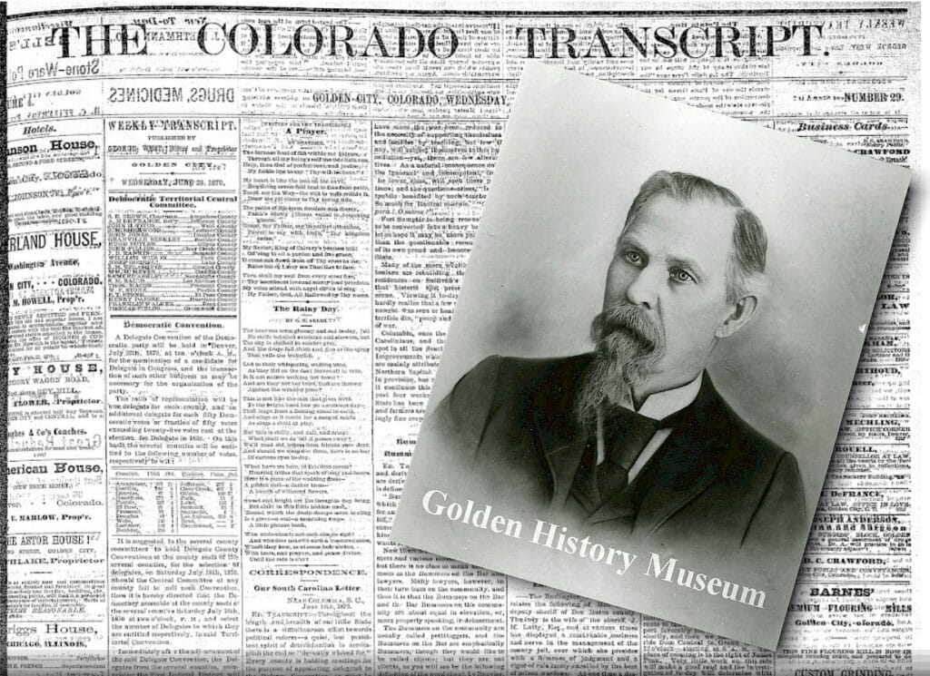 Portrait of Transcript founder George West with a copy of the Transcript in the background