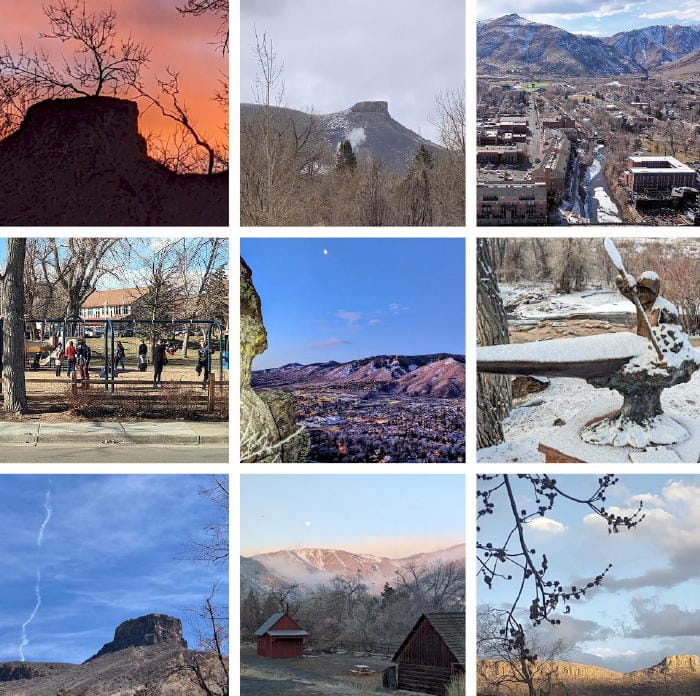 set of 9 scenic images of Golden, Colorado in March of 2023