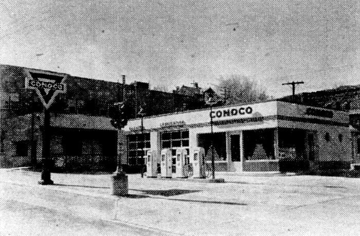 photo of the newly-opened Conoco gas station at 13t and Washington in downtown Golden, CO - 1950