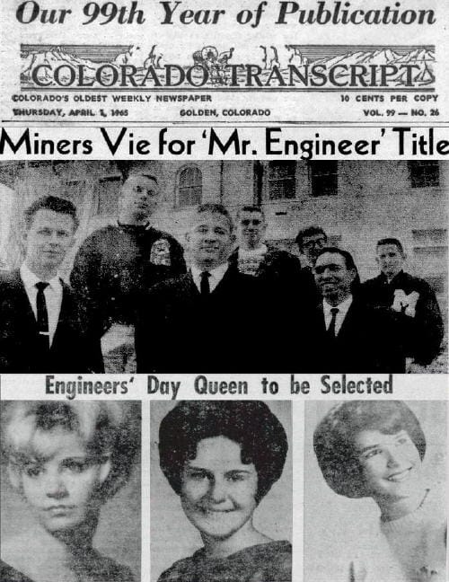 Several young men in jacket and tie competing for "Mr. Engineer" title at Colorado School of Mines in 1965.  Three women shown, competing for "Queen" of the event.
