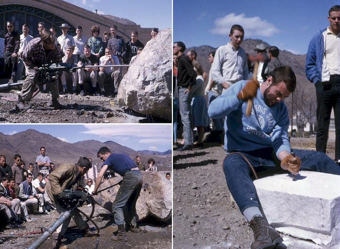 School of Mines competitions: single jacking, double jacking, and hand steelnig.