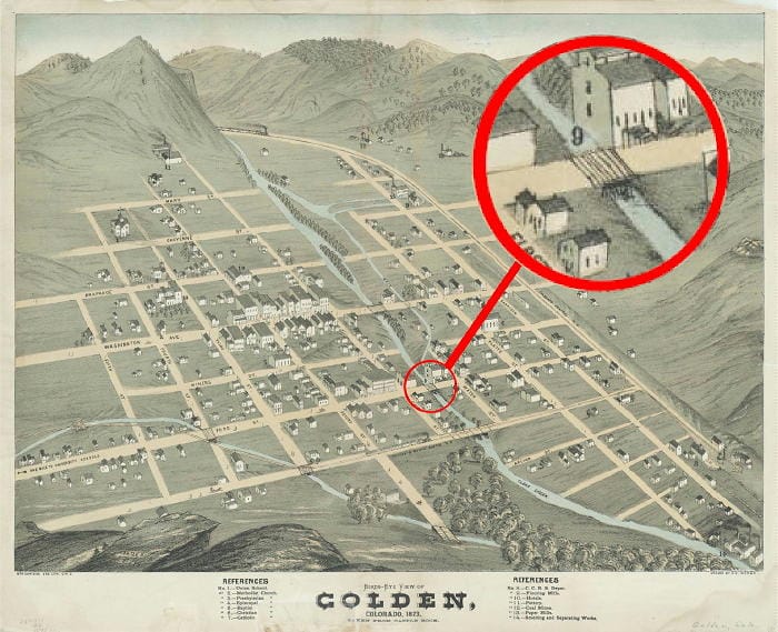 1873 Bird's Eye View of Golden Colorado with the Ford Street bridge highlighted