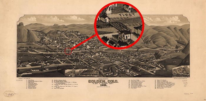 1882 Bird's Eye View of Golden Colorado with the Ford Street bridge highlighted