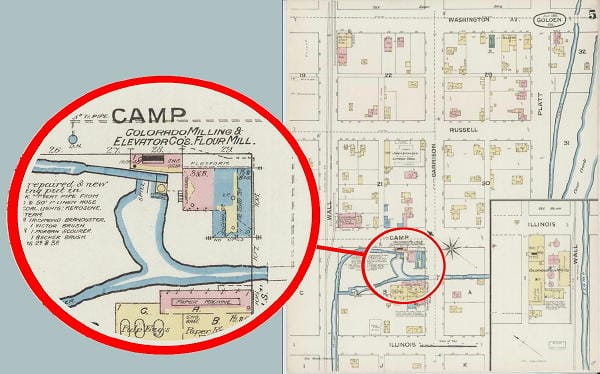 1886 Sanborn Fire Insurance map showing the location of the Rock Flour Mill.  The flume that powered the mill also appears on the map.