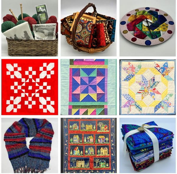 9 samples of items available at the Fabric and Friends auction