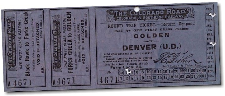 Ticket for the Clear Creek route on the Colorado & Southern