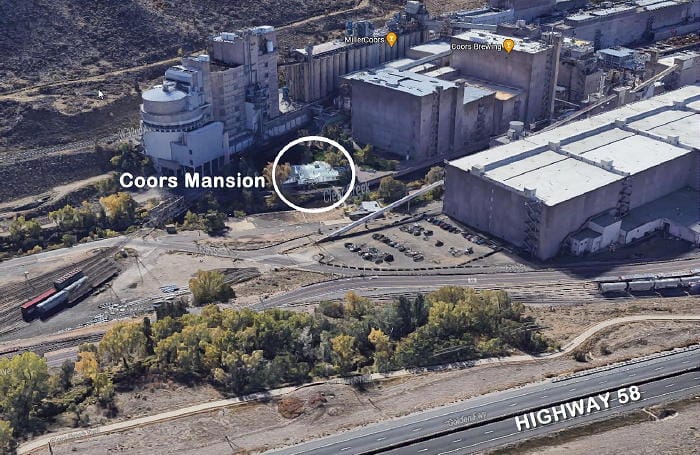 Coors Mansion shown on the brewery grounds - Google Satellite Images