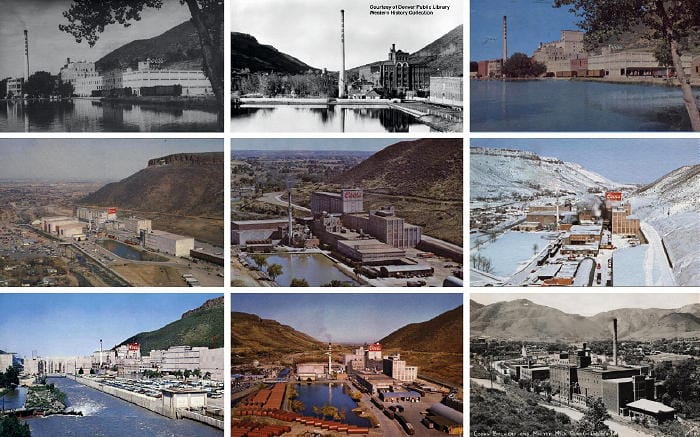 Nine postcard images of Coors Brewery between 1925 and 19707