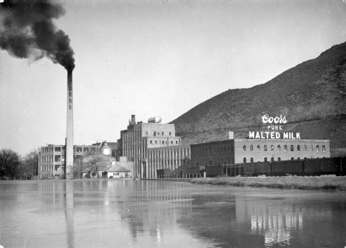 Coors brewery, while it was producing malted milk - tall smokestack producing black smoke