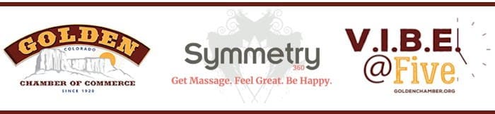 Invitation to VIBE at Five - a gathering for members of the Golden Chamber of Commerce and Golden Young Professionals - to be held at Symmetry Massage