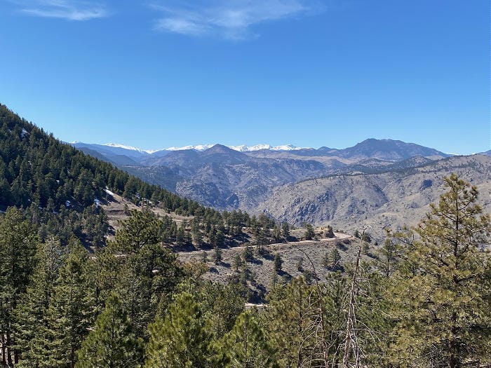 Lariat Loop on Lookout Mountain with the snow-capped Rockies in the background