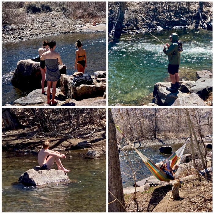 Four pictures showing people playing on Clear Creek.