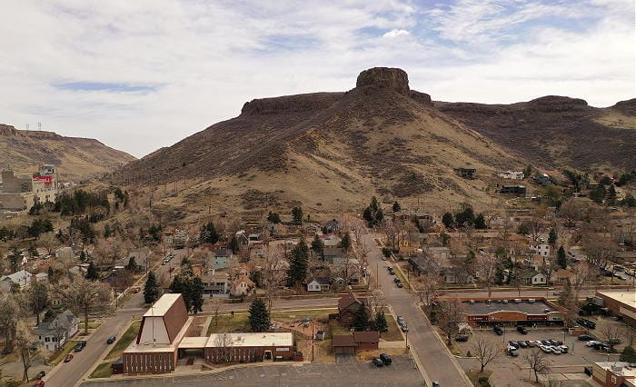 Aerial view of the East Street neighborhood, with Castle Rock looming above