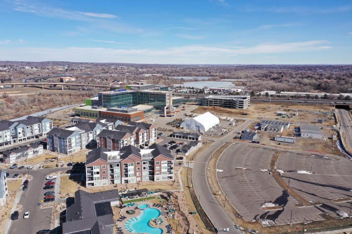 Aerial view of Clear Creek Crossing and the future Lutheran Medical Center in Wheat Ridge