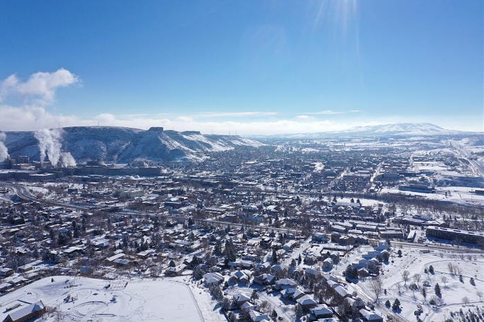 Drone view of Golden with a dusting of snow, taken from the north end of town looking south