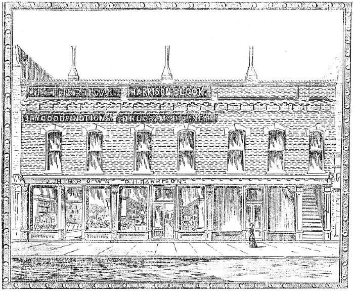 Engraving from the 1893 Golden Globe Industrial Edition showing the Harrison block with the drugstore in the center section.