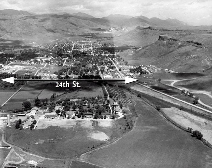 Aerial view of Golden with the State Industrial School in the foreground - 1950