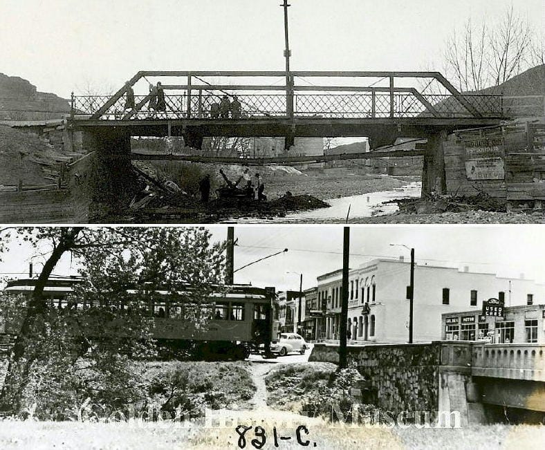 The old Washington Avenue bridge and the new one, built by the WPA. Top photo circa 1925, bottom taken in 1953. Both from the Golden History Museum collection 