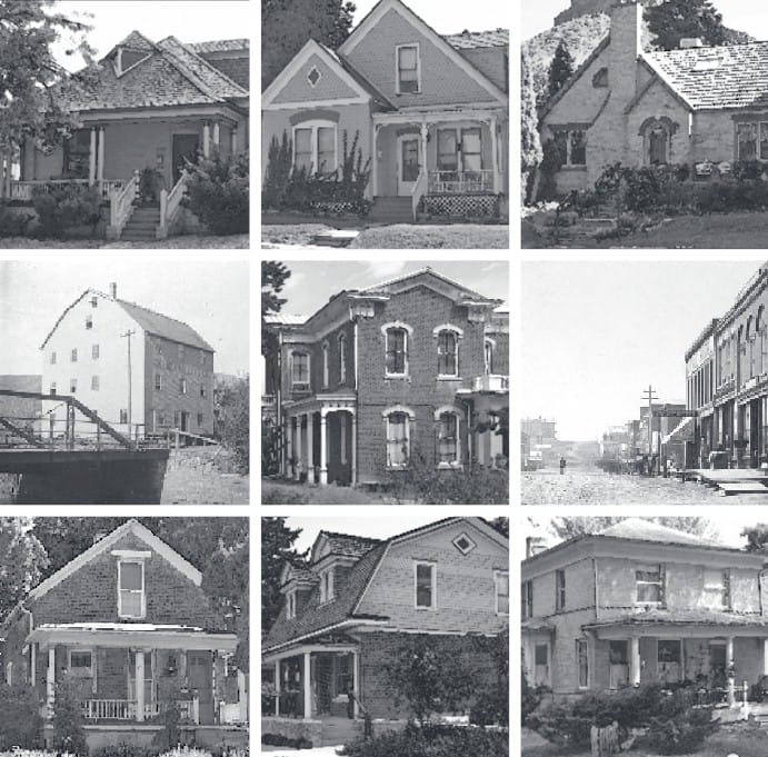 Nine black and white photos of historic Golden homes and commercial buildings