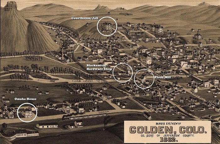 1882 Birds Eye View Map of Golden with several buildings circled, including the Omaha House, the Golden Flour Mill, a blacksmith and hardware shop, and the county courthouse