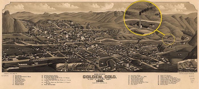 1882 Birdseye View Map of Golden with the water pumping plant circled