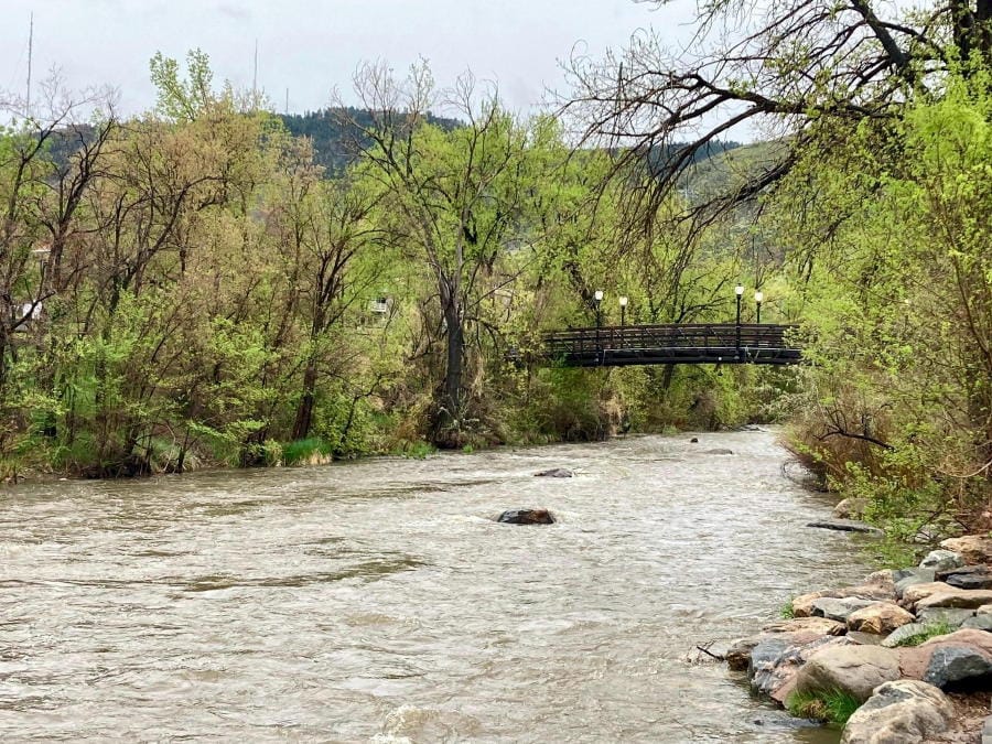 Clear Creek during spring run-off, with rising water level, increased turbidity, and new leaves on the trees. Billy Drew pedestrian bridge in the background.