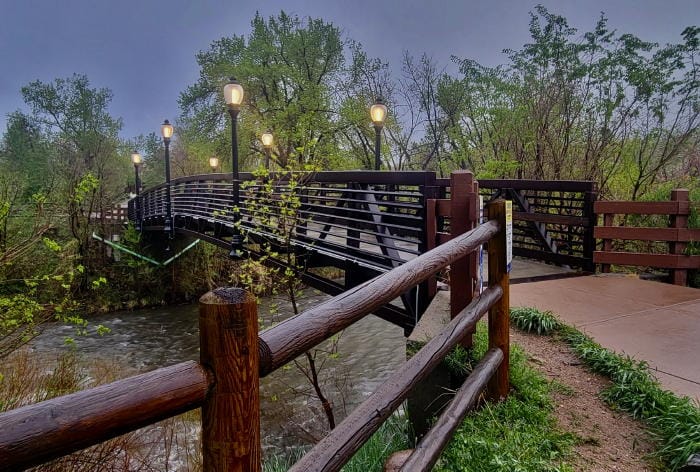 Billy Drew pedestrian bridge over Clear Creek - rainy morning