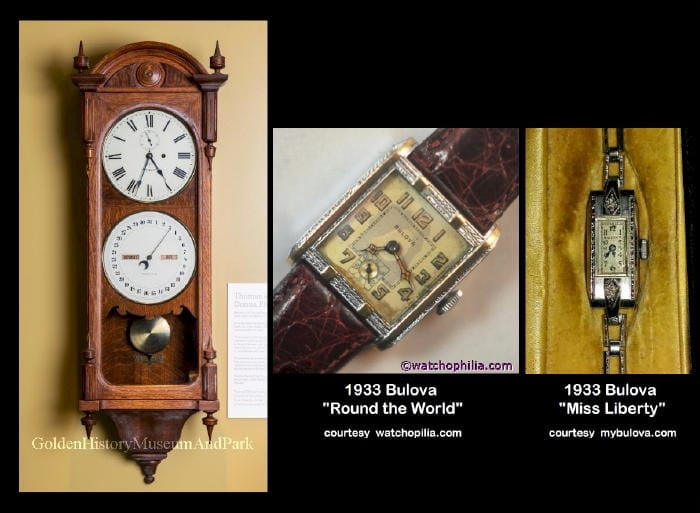 Seth Thomas wall clock with two dials--time and date. 1933 Bulova men's watch and 1933 Bulova women's watch.