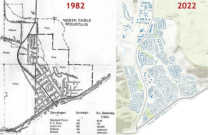 side by side maps of Golden in 1982 and 2022