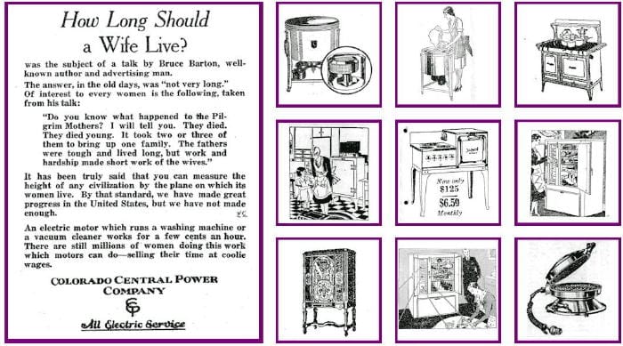 Colorado Central Power Company ads from 1930, showing various labor-saving appliances