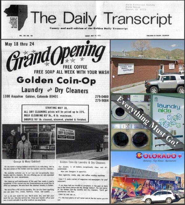 Ad from the Golden Transcript, advertising the grand opening of the Golden Coin-Op Laundromat on Arapahoe St., Also include photos of the building exterior before and after its conversion to a restaurant.