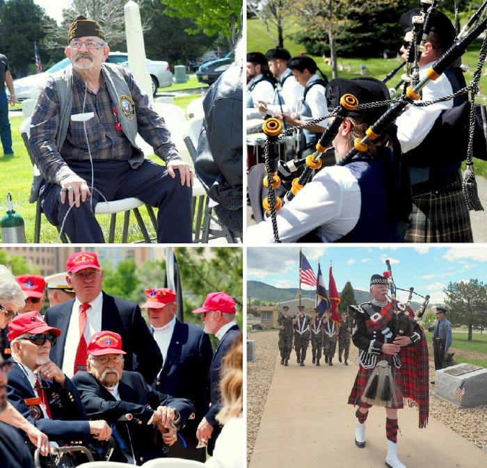 TL - Man in veteran's cap seated; TR - Pipe and drum corps;  BL - Group of men in red Marine veteran's caps; BR - Single piper with a group of Marines in uniform, carrying flags and rifles