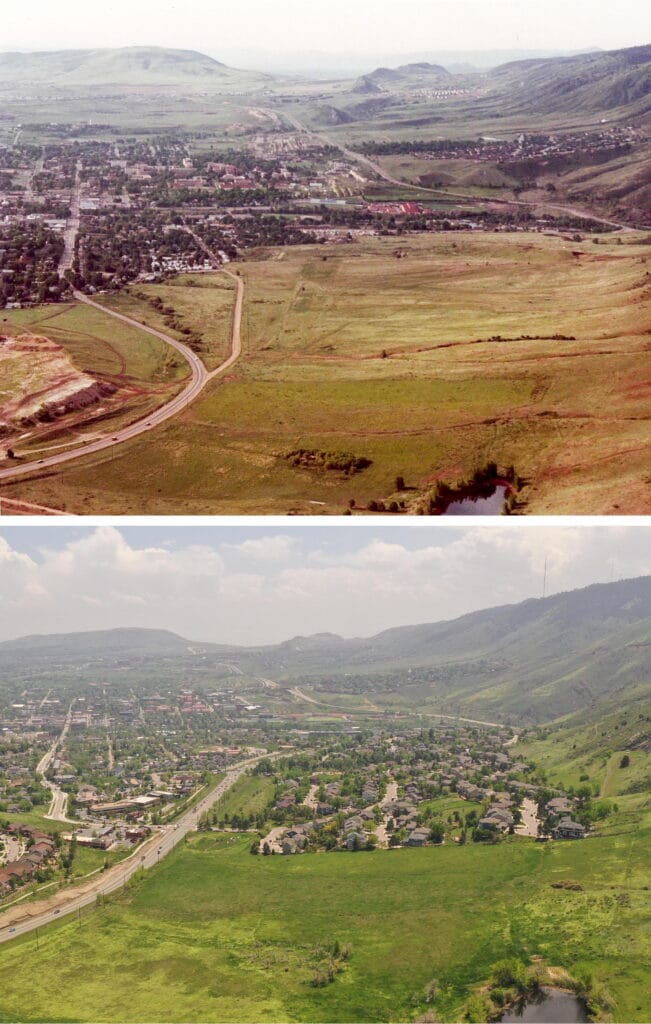 North Golden Valley in about 1980 (top) and in 2023 (bottom). Green Mountain is visible in the distance. The top photo shows undeveloped land, while the bottom has many more houses, businesses, and government buildings.