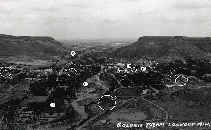 Black and white photo of Golden with several landmarks circled and numbered