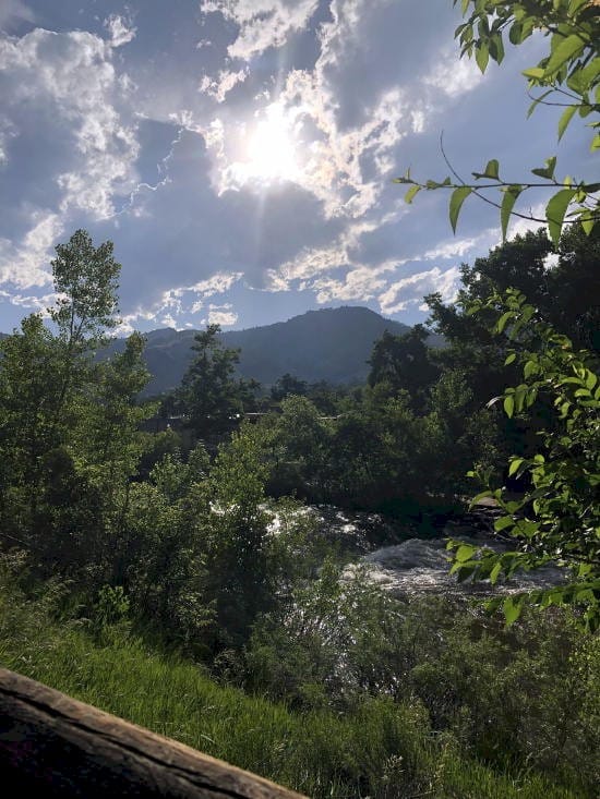 A glimpse of Clear Creek with heavy foliage in the foreground and Mt. Galbraith in the background