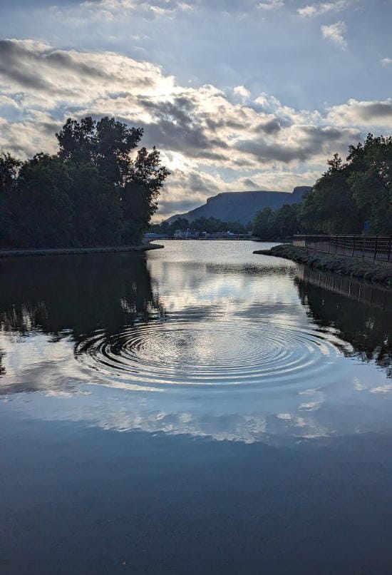 Still water in the treatment pond, summer foliage, and Castle Rock in the background