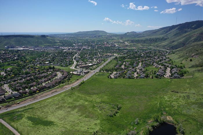 Aerial view of Golden, looking south from the area of Golden Gate canyon