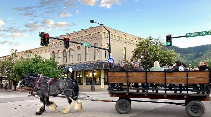 Clear Creek Carriage and their team of Clydesdales pulling a wagon through downtown Golden