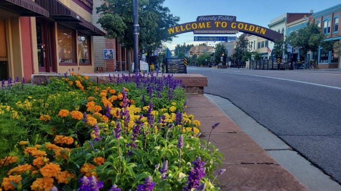 Orange, yellow, and purple flowers in a Washington Avenue planter.  Welcome arch and 19th century store buildings in the background.