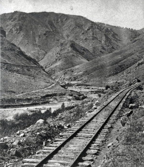 Narrow gauge railroad tracks at the entrance to Clear Creek canyon